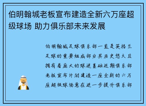 伯明翰城老板宣布建造全新六万座超级球场 助力俱乐部未来发展 伯明翰城老板宣布建造全新六万座超级球场 助力俱乐部未来发展